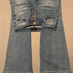 Blue Flare Wide Leg Jeans with Vintage Wash